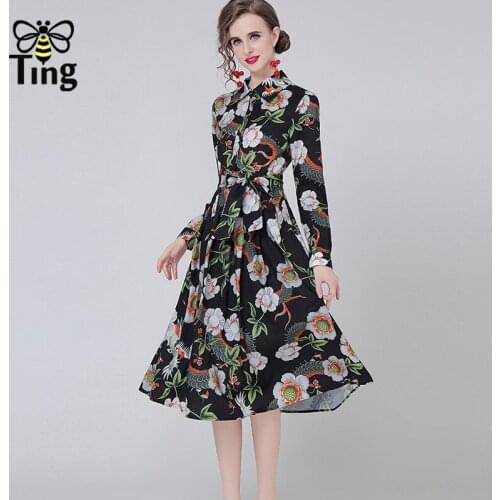 Tingfly Designer Butterfly Floral Print Women Vintage Elegant Midi Long Dress Fashion Casual Street Chic A Line Vestidos Plus Za
