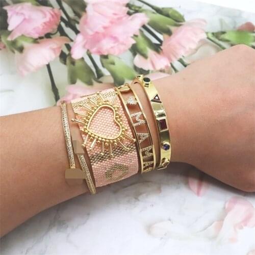 ZHONGVI New Design Charm Rainbow Bangles Copper Zirconia Rhinestone Cuff Bangle Trendy Miyuki Heart Jewelry Gift For Women Girls