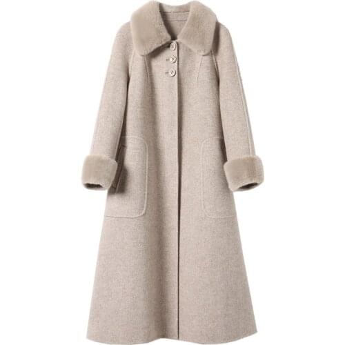 Winter Coat Women 100% Wool Coat Female Mink Fur Collar Double Side Woolen Coats Korean Long Jacket Manteau Femme MY4551