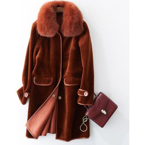2020 Womens Fur Coat With Natural Fox Fur Collar Real Sheep Shearing Fur Coats Winter Warm Wool Jackets PU Liner WYQ973