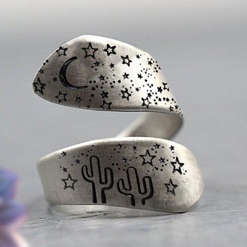 2021 Fashion Trend Silver Colour Moon Cactus Ring Boho Open Ladies Ring Engagement Gift Jewelry Girl Accessories