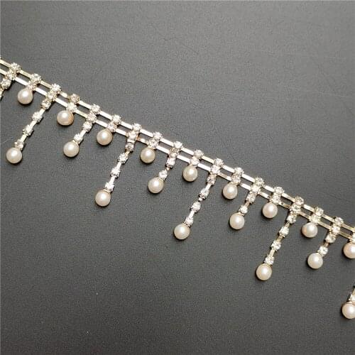 45cm/Lot Pearl Tassel Pendant Rhinestone Fringe Trim Gold Crystal Metal Chain For Clothes Dress Bag Shoes Accessories Decoration