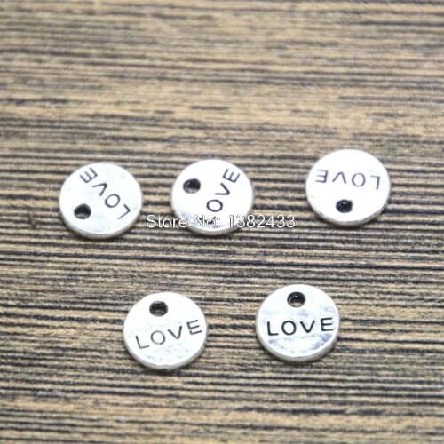 50pcs love Charms Antiqued Silver Tone disc love charm pendants 9mm