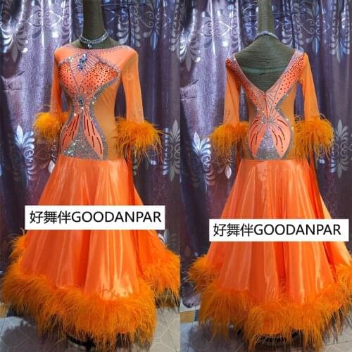 Ballroom standard waltz dance competition dresses long sleeve girl Costume Performance Womens orange