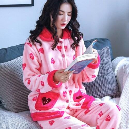H5814 Women Pajamas Suit Coral Fleece Flannel Long Sleeve Winter Nightgown Female Loose Korean Luxury Turn Down Collar Sleepwear