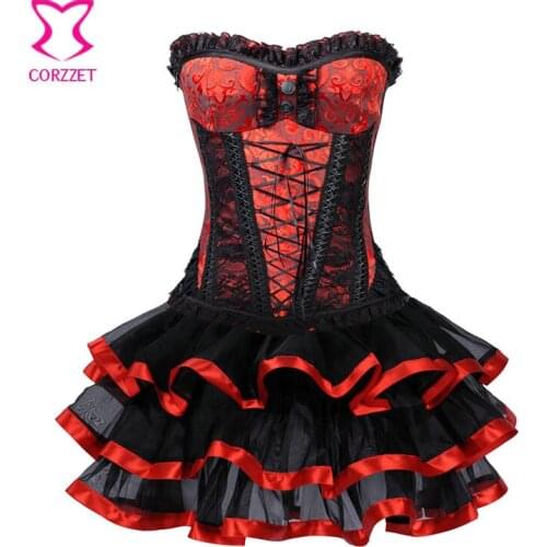 Red/Black Floral Lace Push Up Corsets And Bustiers Gothic Clothing Victorian Corset Sexy Corselet Skirt Set Burlesque Dress