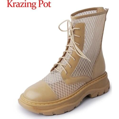 Krazing Pot 2021 new arrival summer boots genuine leather round toe med heels young lady preppy style lace up ankle boots L68