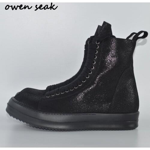 Owen Seak Men Boots Leather High-TOP Ankle Suede Luxury Trainers Winter Boots Casual Lace-up Flats Shoes Black Big Size Sneaker