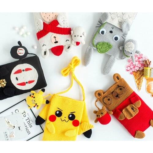 Handmade DIY Crochet Knitting Cute Animal Pattern Mobile Phone Bag Eco-dyed Needlework Cartoon Bear Rabbit Mini Messenger Bag