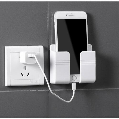 1PC Wall Phone Charger Organizer Storage Box Mobile Phone Holder Remote Control Mounted Plug Wall Charging Multifunction Stand