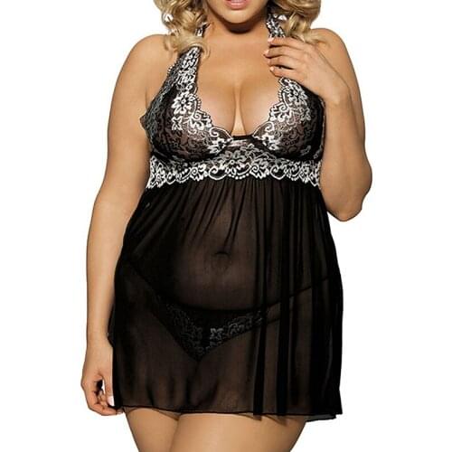 Lace Night Dress Sexy Womens Clothing Deep V-neck Sleepwear Nightgown 4XXL Lingerie Plus Size See Though Porno Honeymoon