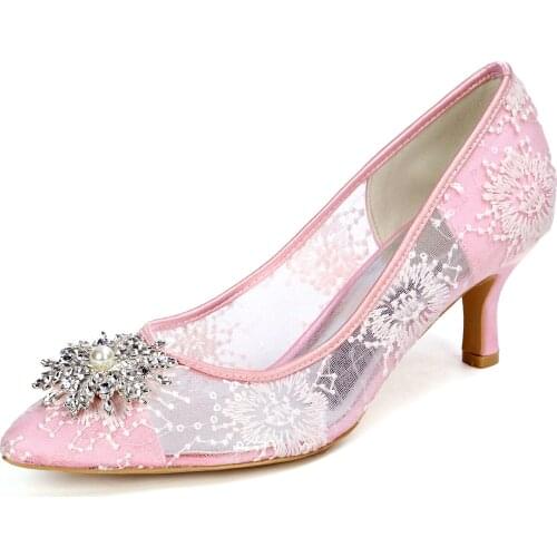 2021 New Spring Middle Heels Pointed Toe Slip on See Through lace Lady Dress Shoes Bridal Wedding Prom Pumps Crystal Pearl decor