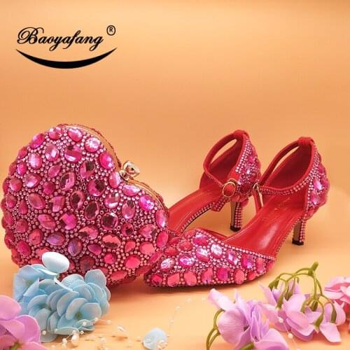 BaoYaFang Fuschia pink Crystal Wedding shoes and bags Bride ankle strap shoe with matching bags Bridal party dress shoe Buckle