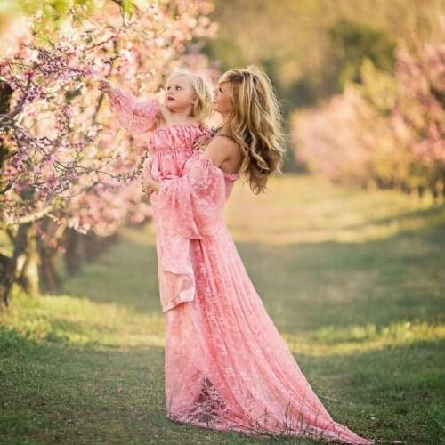 Maternity Puff Sleeve Sexy Lace Tailing Dress Photo Shoot Pregnant Women Off Shoulder Gown Pregnancy Photography Props Clothing