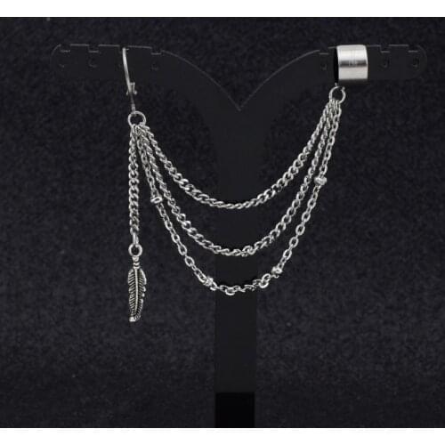 1 Pcs KPOP Punk Stud Earrings Feather leaves Ear Bone Chain Earrings Korean Hip Hop Jewelry Accessories For Men Women