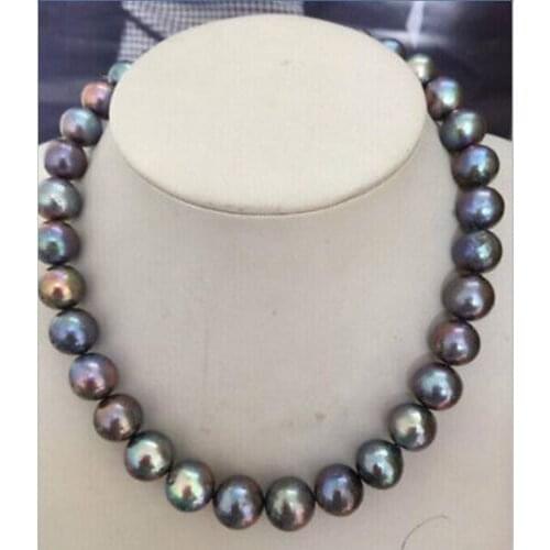 Shupping 08151 HUGE PERFECT 12-13mm TAHITIAN BLACK RED GREEN PEARL NECKLACE17.5"
