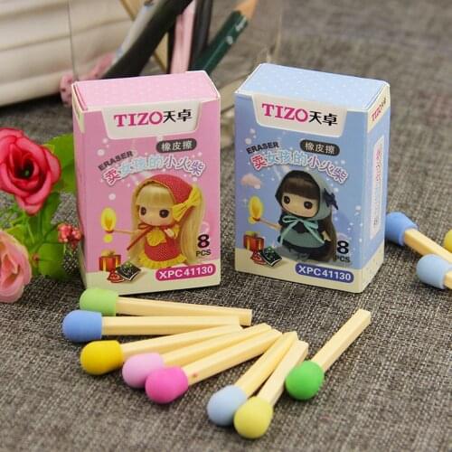 8 Pcs/pack Cute Kawaii Matches Eraser Lovely Colored Eraser For Kids Students Kids Creative Item Gift