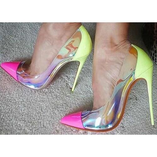Colorful PVC Patchwork Pumps 10 cm 12 cm Stiletto High Heels Shallow Slip on Shoes Pointed toe Party Women Shiny High Heels