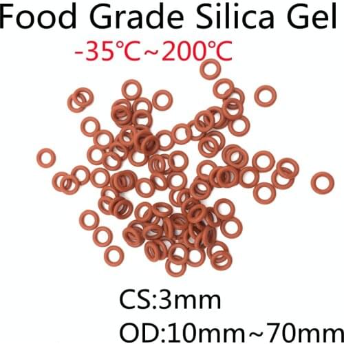 100pcs VMQ O Ring Seal Gasket Thickness CS 3mm OD 10 ~ 70mm Silicone Rubber Insulated Waterproof Washer Round Shape Nontoxi Red