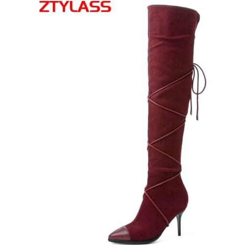 Women Faux Suede Thin High Heel Boots Fashion Cross Tied Over The Knee Boots Ladies Zipper Pointed Toe Autumn Winter Long Boots
