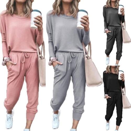2pcs Solid Color Two Piece Set Women Pant Suits Casual Long Sleeve O Neck Pullovers Top Long Pants Sweatpants Women Outfits Set