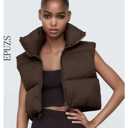 ZA 2021 Stand Collar Cotton Vests coat Women Elegant Solid Simple Zipper Coats Women Casual High Waisted Vests Ladies