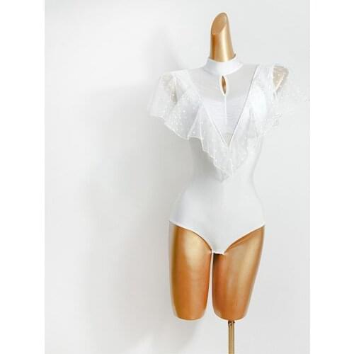 Women Latin Dance Dress White Lotus Sleeve Patchwork Dancing Practise Cloth Samba Tango Chacha Dancing Performamnce TL593