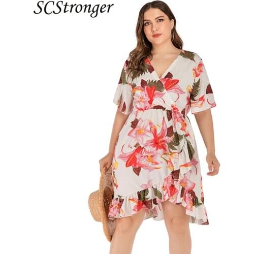SCSTRONGER Summer Floral Plus Size V Neck Dress Female Loose Polyester Fashion Girl Ruffle Skirt Vesidos Mujer Verano 2021