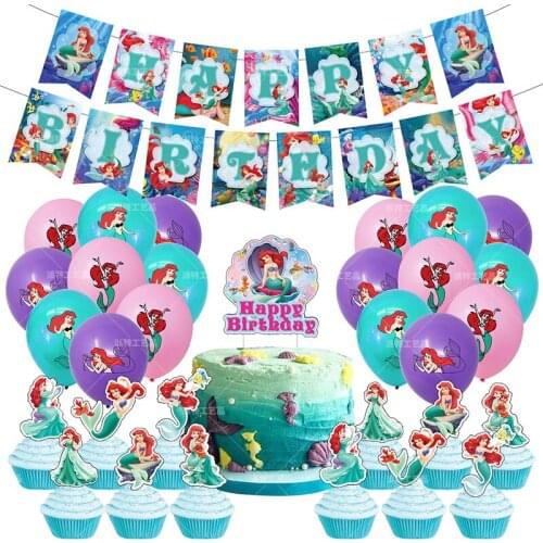 1Set Disney Princess The Little Mermaid Ariel Theme Birthday Banner Cake Topper Latex balloon Baby Shower Wedding Party Decor