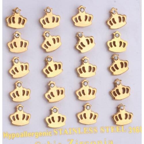 10 Pairs Crown Crystal Stud Earrings Wholesale Accessories Stainless Steel Classic Style Small Earring Fashion Jewelry 2020