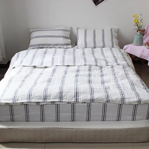 Set of 4 Pre stone washed 100% Natural Linen Navy and White striped bedding duvet cover set+ 2 pillowcases + flat sheet