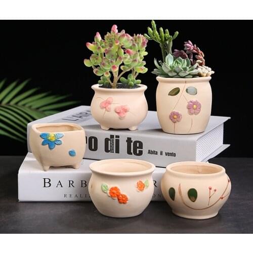 4pcs Biscuits Painted Container Planter Ceramic Flowing Glaze Base Serial Set Succulent Plant Pot Cactus Flower Pot Gift