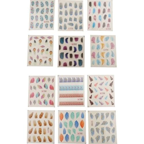 6 Sheets Nail Art Decals Water Transfer Stickers Manicure Colorful Rainbow Feathers Tips
