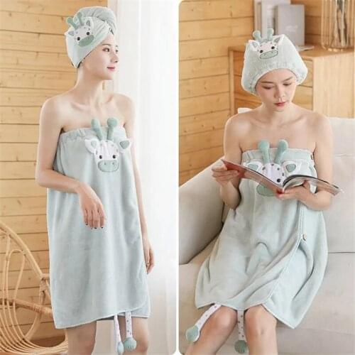 Cute Cow Pattern Wearable Bath Towel Quick Dry Hair Cap Soft Magic Miraculous Microfiber Bath Dress Large Absorbent Bathrobes