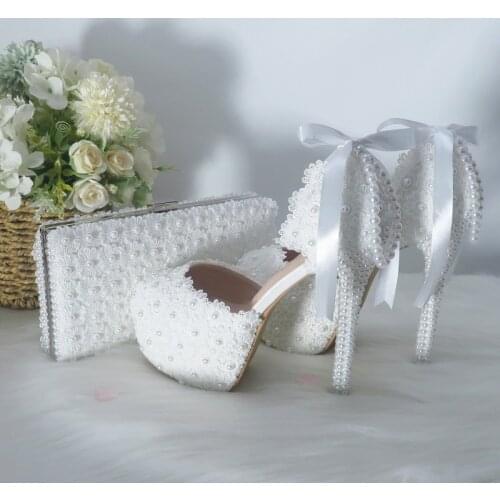 BaoYaFang Tassel pearl Fashion wedding shoes and bags Bride High heels Platform shoes ladies ankle strap party dress shoes woman