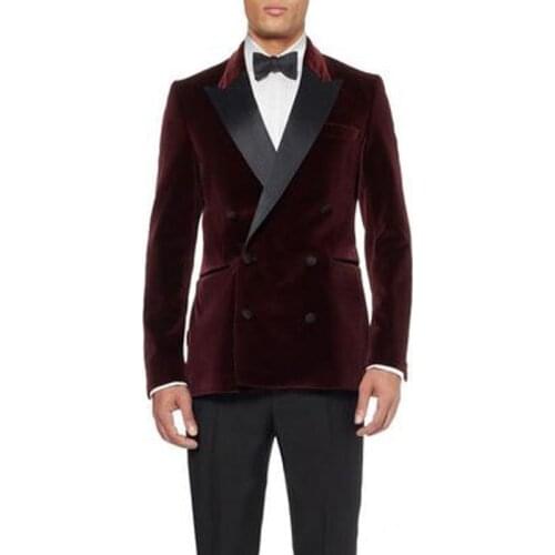 Burgundy Black Velvet Evening Party Men Suits for Wedding Tuxedo Double Breasted Peaked Lapel Blazer Two Pieces Groomsmen Suits