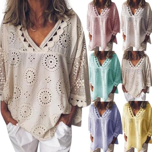 Spring Autumn Sexy Women Shirts Loose Blouses Plus Size Women Solid Color V Neck Half Sleeve Hollow out Lacework Loose Blouse