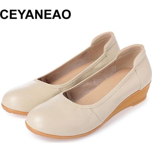 CEYANEAO Spring Autumn Genuine Leather Flats Shoes Women Ballet Solid Black Shallow Round Toe Slip-On Comfortable Summer Shoes