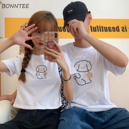 Couple T-shirt Women Cartoon cute Leisure Comics Simple Streetwear All-match Design Basic Tops Clothing Chic Ins Korean Style