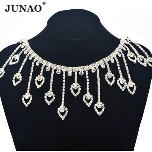 JUNAO 45cm/lot Glitter Clear Silver Heart Rhinestone Fringe Trim Sewing Glass Strass Ribbon Chain Crystal Applique for Clothes