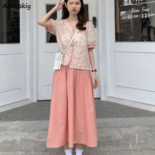 Sets Women Summer 2 Piece Outfit Floral V-neck Fashion Girls Kawaii Single Breasted Streetwear Holiday All-match Comfortable New