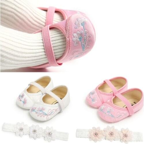 New Sweet Newborn Baby Girl Floral Embroidery Soft Crib Shoes Infants Anti-slip Sneaker Prewalker + Flower Headband Prewalker