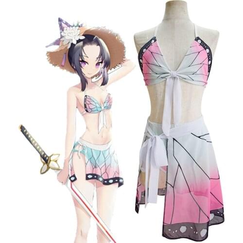 Anime Demon Slayer Kimetsu No Yaiba Swimsuit Shinobu Kocho Cosplay Costume Woman Backless Beach 3-Piece Cover Up Bathing Suit