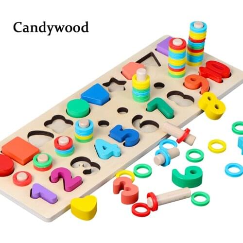 Montessori Math Toys 3 In 1 Digital Shape Pairing Rainbow Rings Preschool Counting Board Educational Wooden Toys for Children