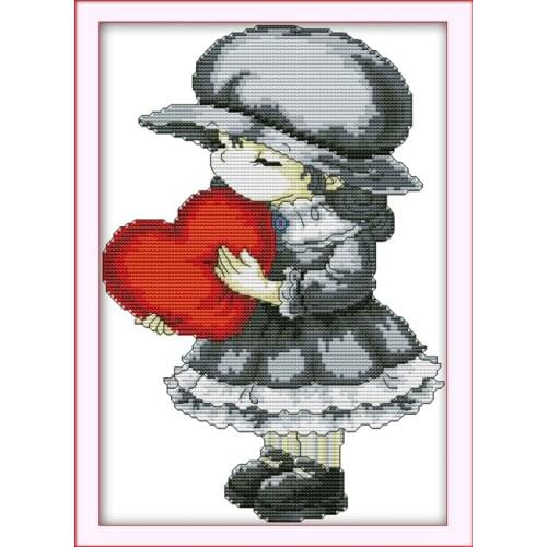 The girl with heart cross stitch kit cartoon 14ct 11ct count print canvas stitching embroidery DIY handmade needlework