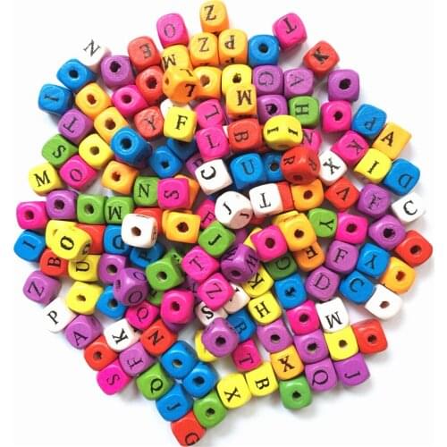 NEWEST DIY 100PCs Alphabet Letter Wooden Beads Square Cube Mixed Colourful Alphabet Letters Cube Wood Spacer Beads Whsle 10mm