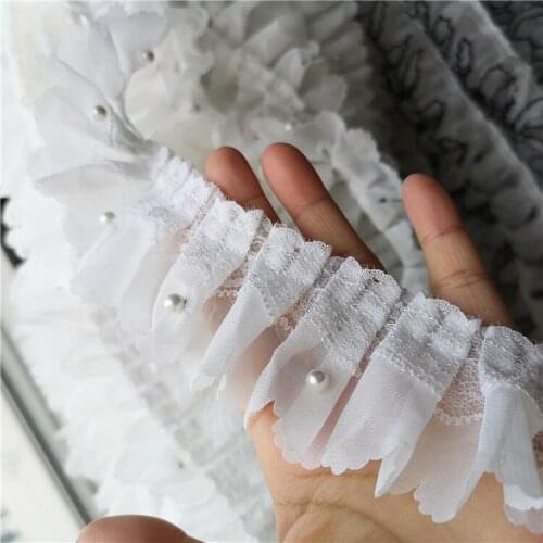 New arrival 5cm 4yards White 2layer Ruffled Beads Lace Trims Chiffon Ruffles Lace DIY Craft Accessories X048