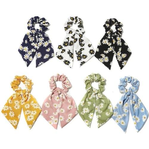 Little Daisy Hair Scrunchy Floral Ribbon Bow Ponytail Holder Scarf Women Hair Tie Elastic Hair Band Headwear Girl Hair Accessory
