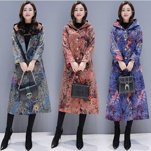 Plus Size Cotton Linen Printing Velvet Cotton Jacket Women 2020 New Autumn Winter Vintage Loose Plush Coat Cotton coat Outwear