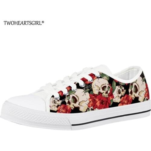 Twoheartsgirl Flower Sugar Skull Print Women Low Top Canvas Shoes Classic Sneakers Spring/Autumn Ladies Casual Vulcanized Shoes